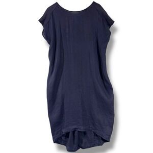 Black Crane Dress - Pleated Dark Navy Linen High-Low Lagenlook Size Small